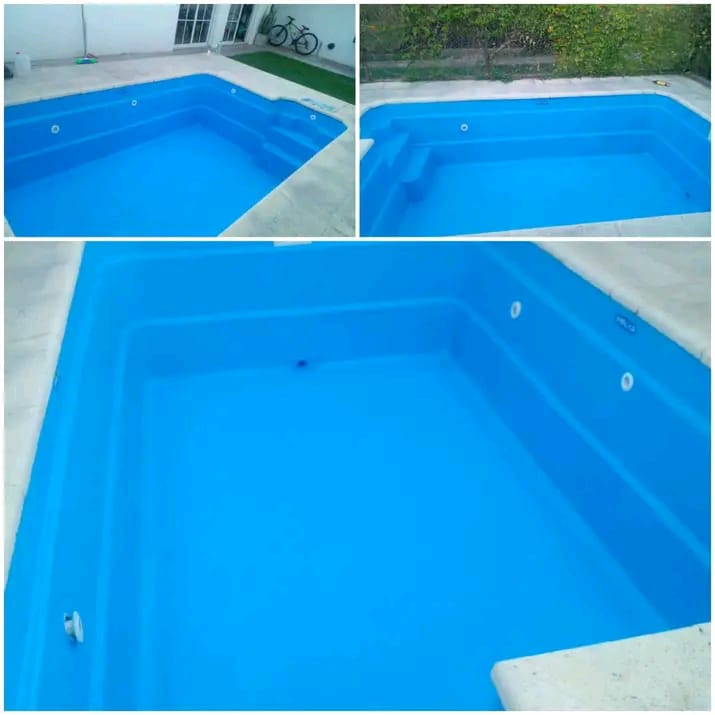 Pileta de fibra pintada e impermeabilizada, terminada en color azul